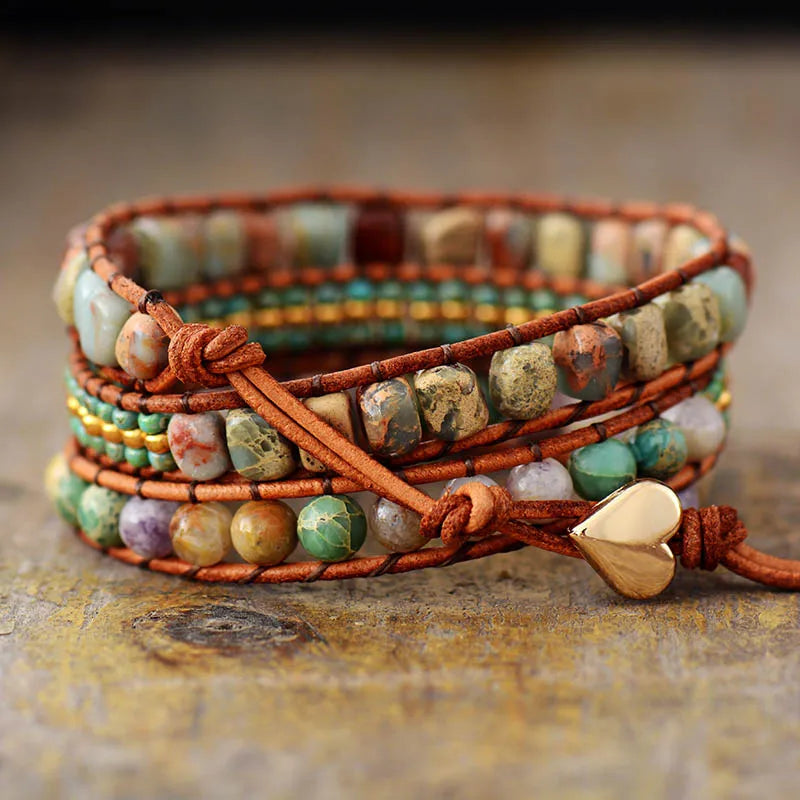 Natural Mixed Jasper Stones Leather Wrap Bracelet