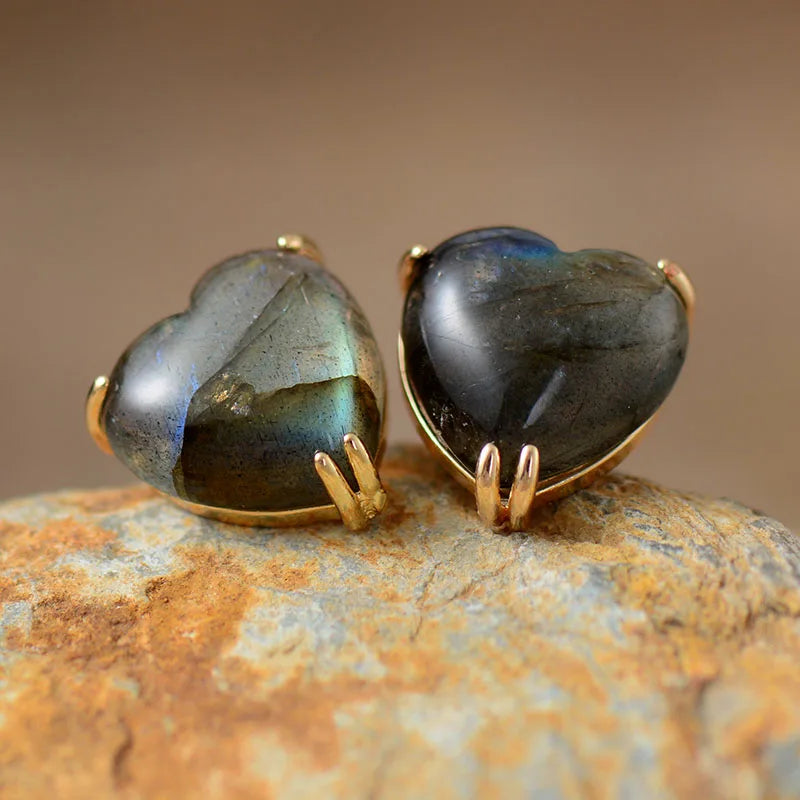 Natural Labradorite Heart Stud Earrings