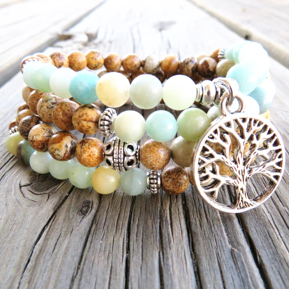 Natural Picture Jasper & Amazonite Tree of Life 108 Beads Mala