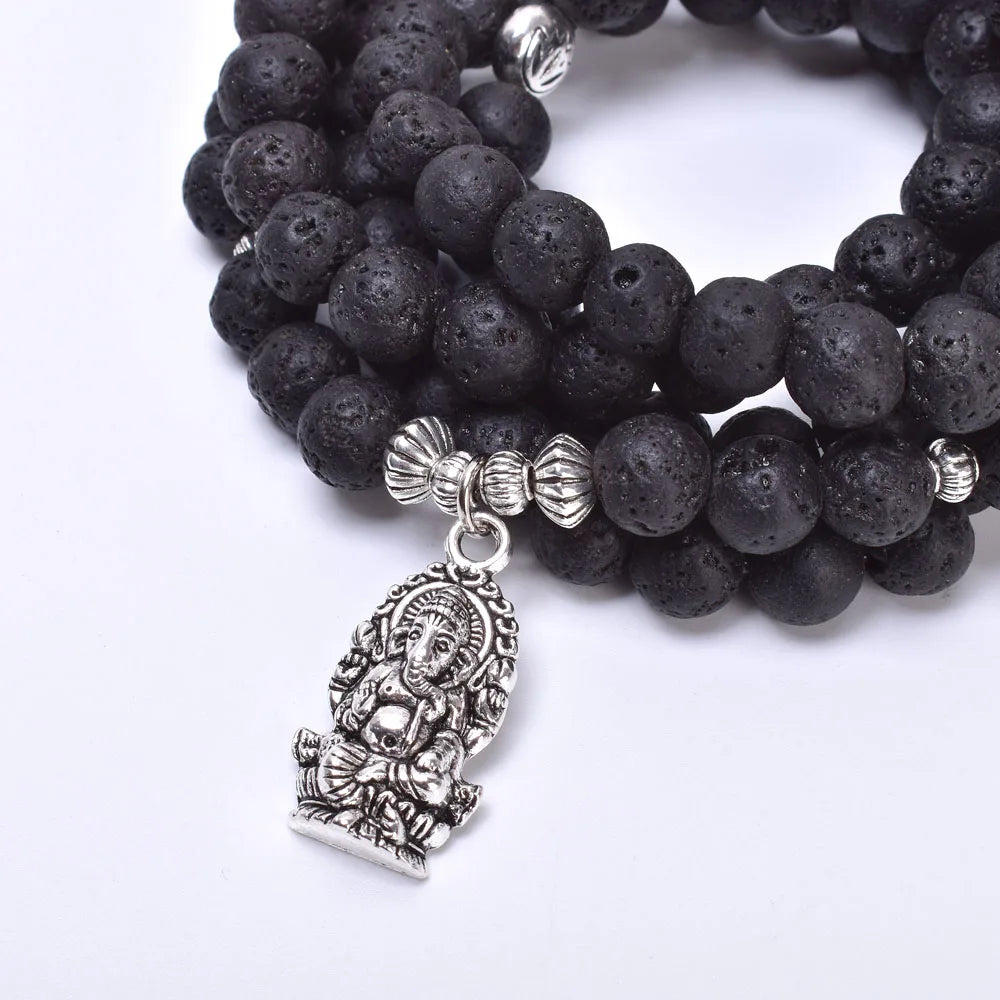 Natural Lava Stone 108 Mala Beads Ganesh Mala