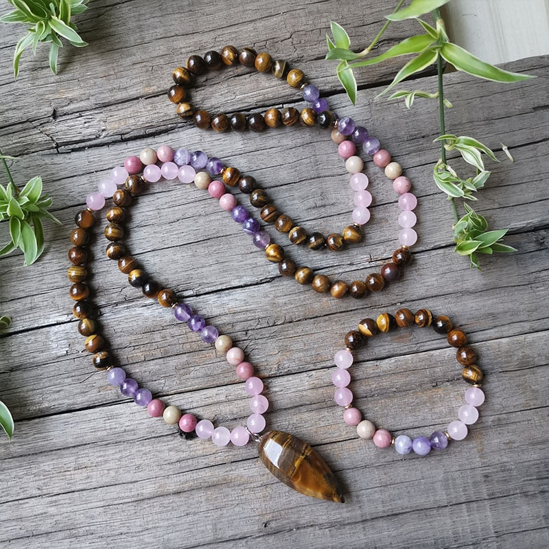 Unconditional Love - Hand-Knotted 108 Mala Beads Necklace, Rhodonite, Rose  Quartz, & Howlite