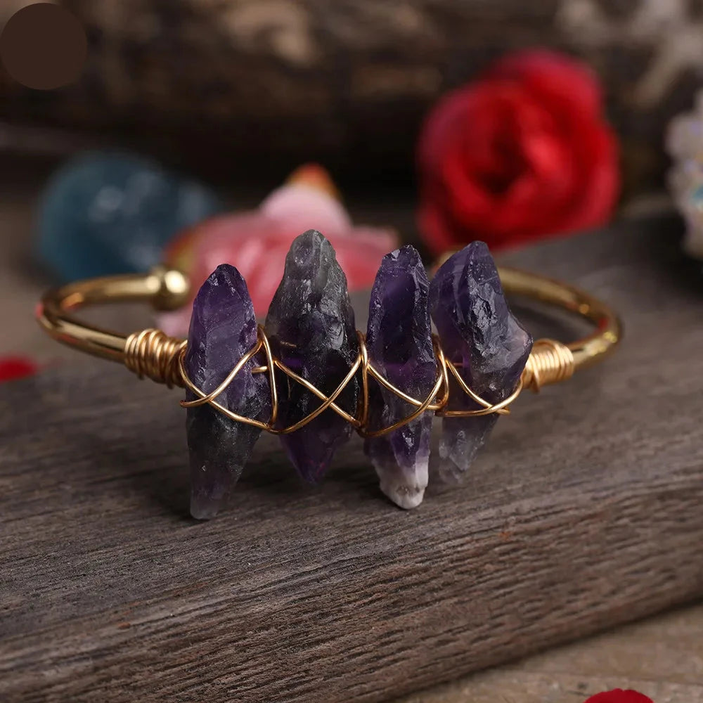 Natural Raw Amethyst Stones Copper Cuff Bracelet