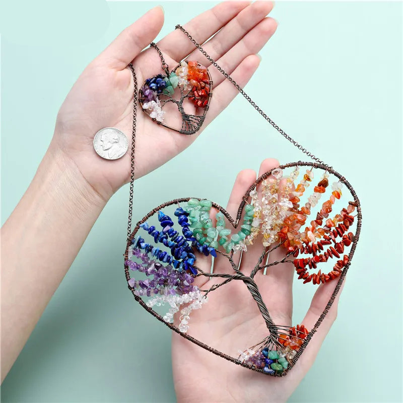 Natural Mixed Gemstones Tree of Life Heart Wall Hanging