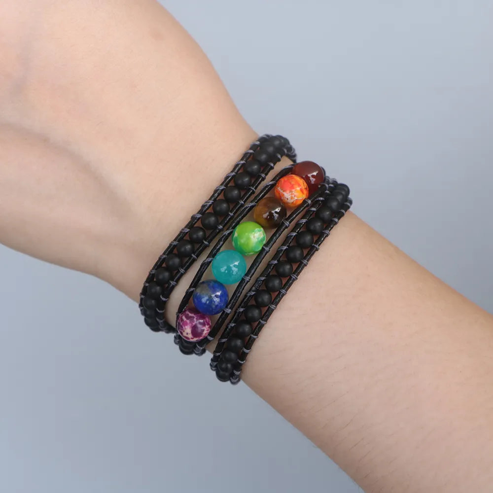 Natural 7 Chakras Stones, Howlite, Labradorite & Onyx Wrap Bracelet