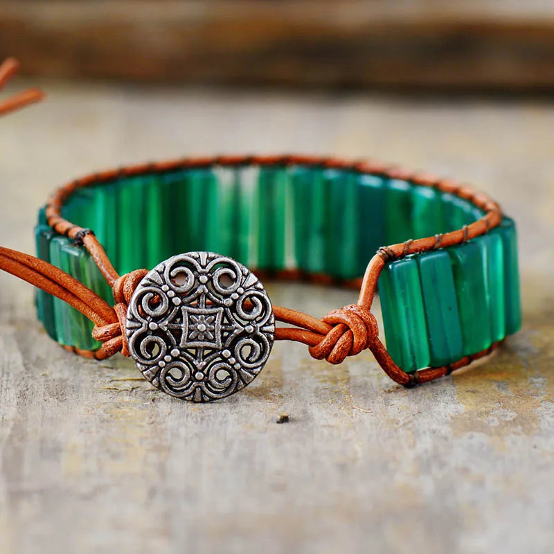 Natural Green Onyx Leather Cuff Wrap Bracelet