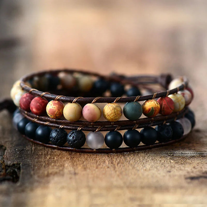 Natural Picasso Jasper & Black Onyx Leather Wrap Bracelet