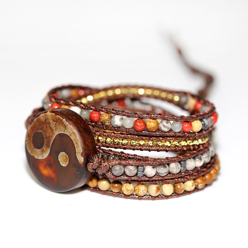 Natural Jasper & Agate Taijitu Charm Wrap Bracelet