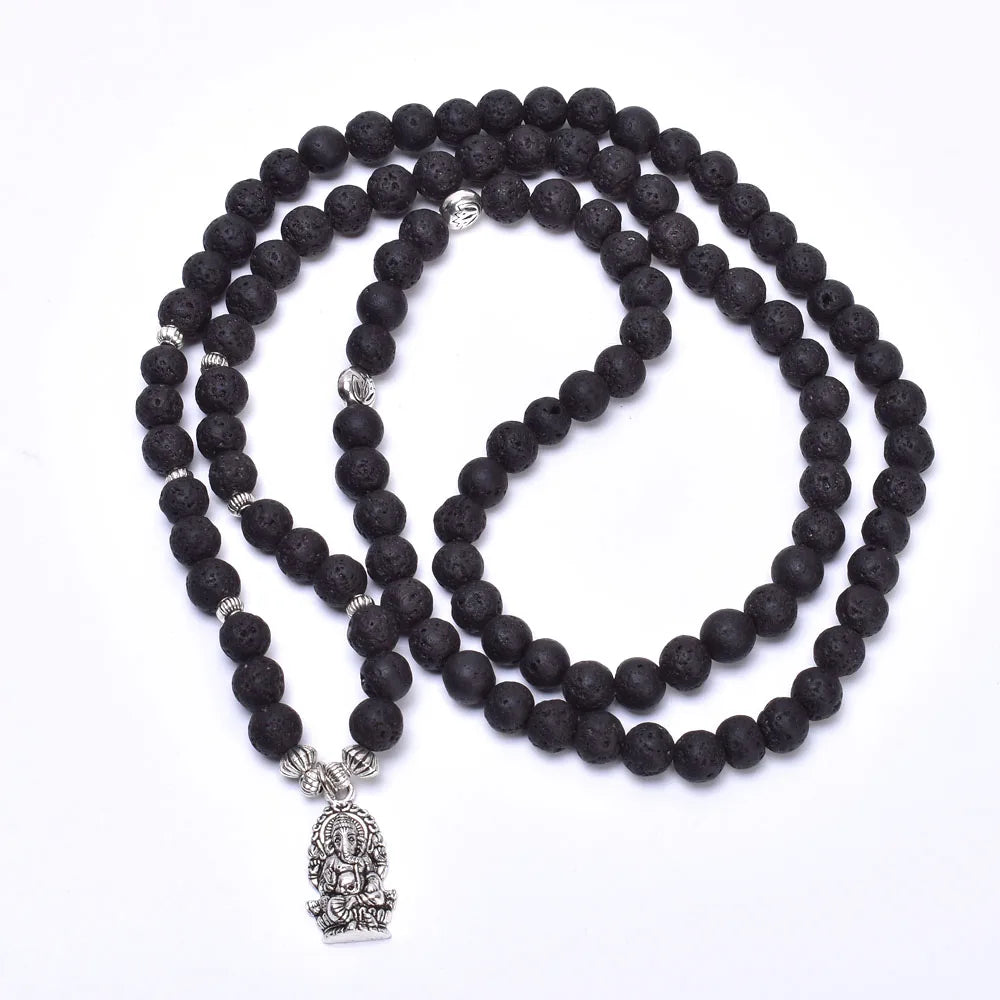 Natural Lava Stone 108 Mala Beads Ganesh Mala