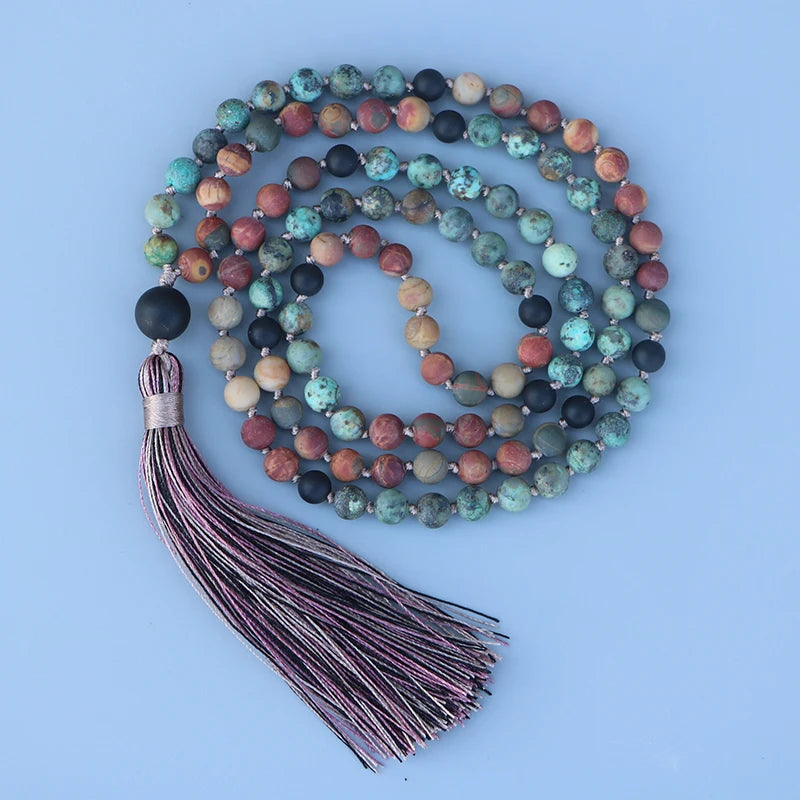 Natural Matte African Turquoise, Picasso Jasper & Onyx 108 Beads Mala