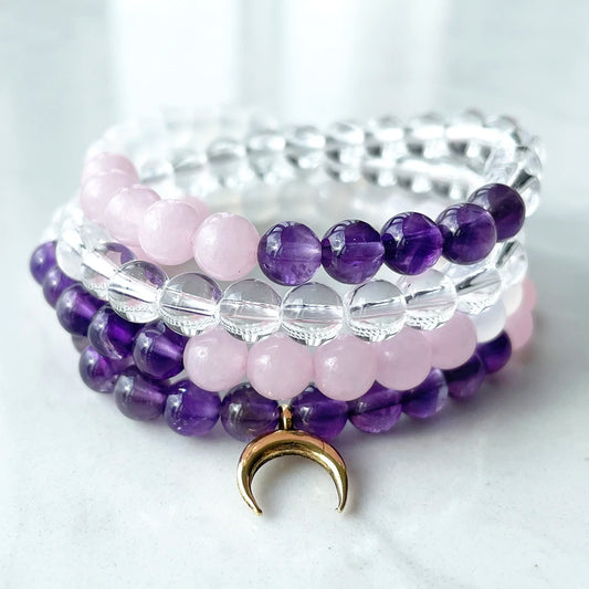 Natural Clear Quartz, Rose Quartz & Amethyst Half Moon 108 Beads Mala