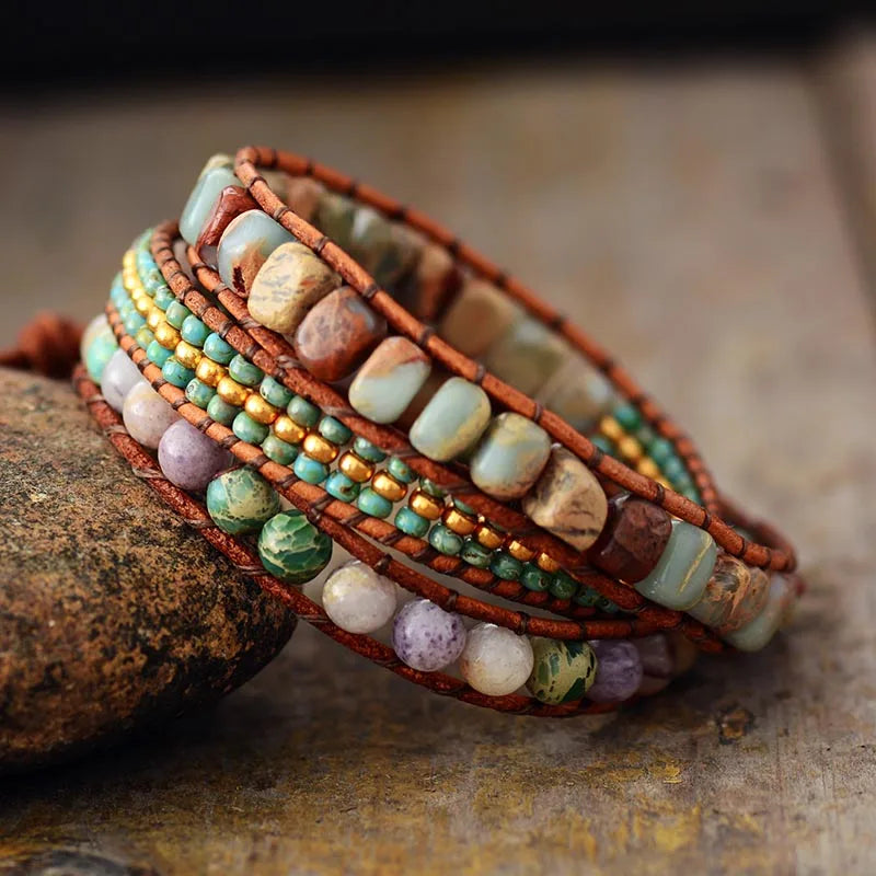 Natural Mixed Jasper Stones Leather Wrap Bracelet