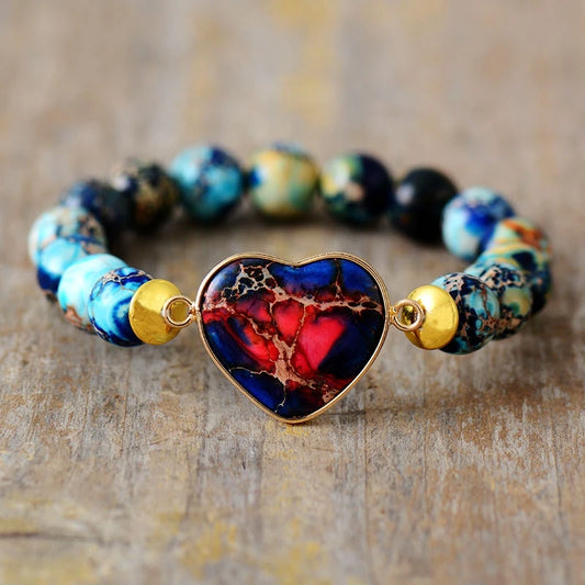 Natural Blue Sea Sediment Jasper Heart Beaded Bracelet