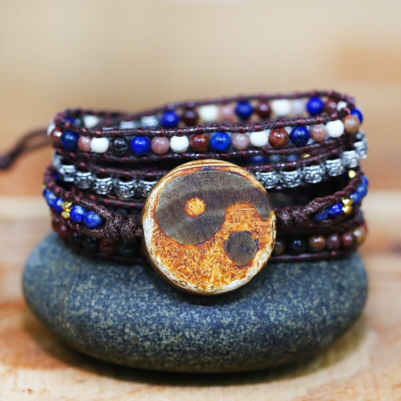 Natural Mixed Stones & Jasper Taijitu Charm Leather Wrap Bracelets