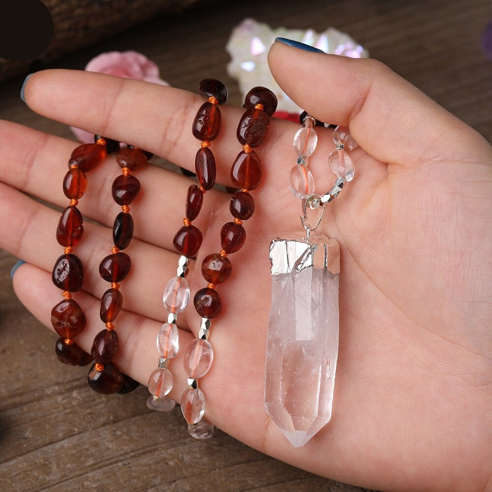 Natural Red Garnet & Clear Quartz Wand Necklace