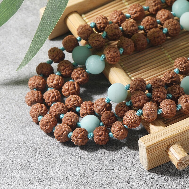 Natural Rudraksha & Amazonite 108 Beads Mala Necklace