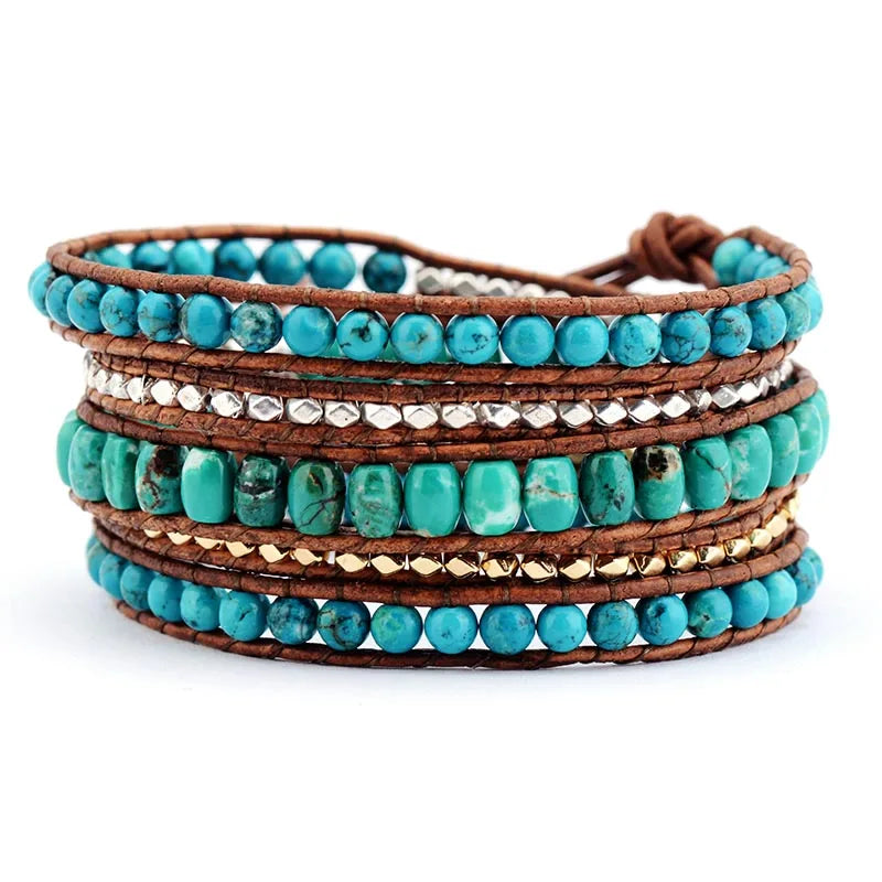 Natural Turquoise Jasper Leather Wrap Bracelet