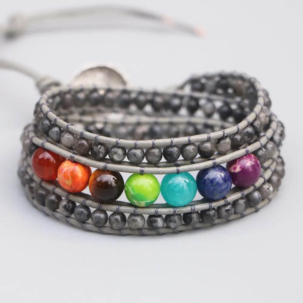 Natural 7 Chakras Stones, Howlite, Labradorite & Onyx Wrap Bracelet