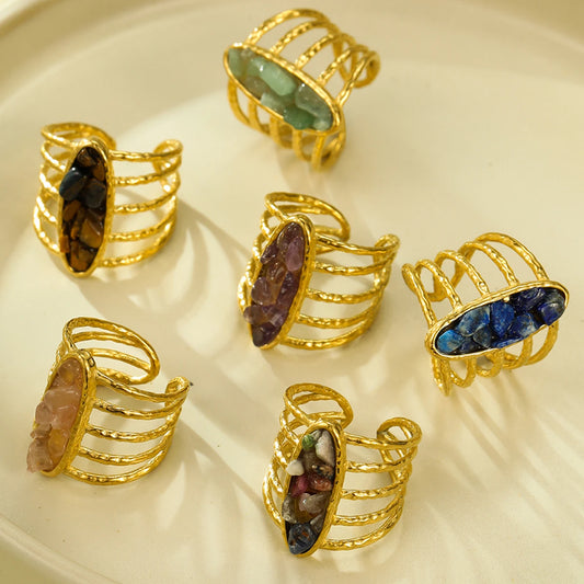 Natural Gemstones Gold Plated Open Boho Ring