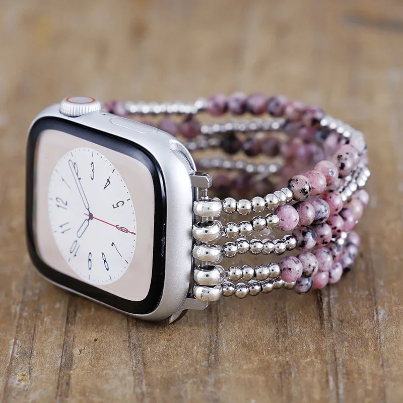 Natural Rhodonite & Brass Beaded Smartwatch Band