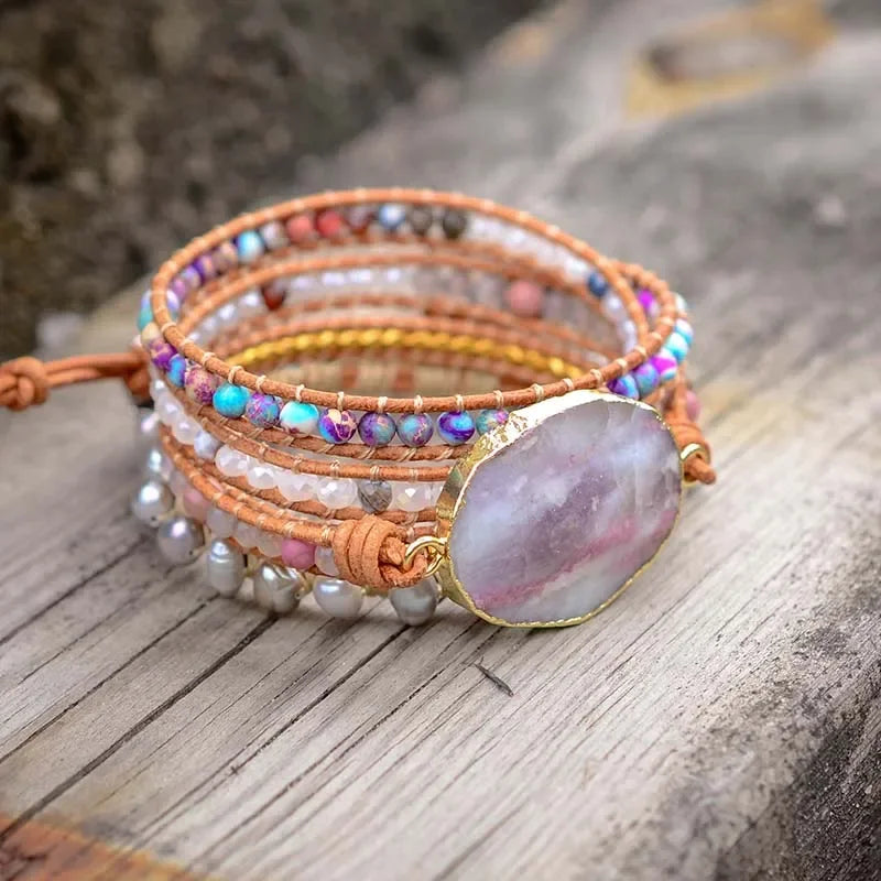 Natural Agate, Mixed Jasper & Freshwater Pearls Leather Wrap Bracelet