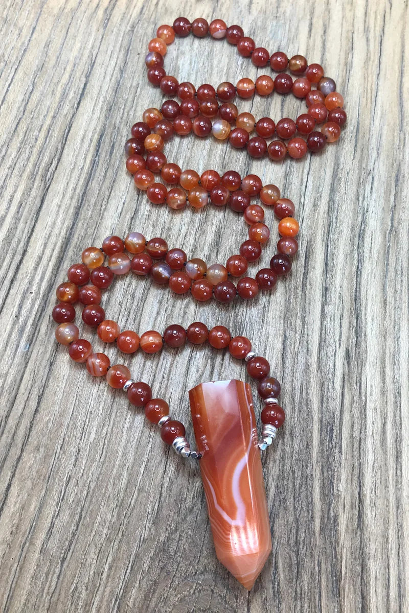 Natural Red Agate 108 Beads Point Pendant Mala