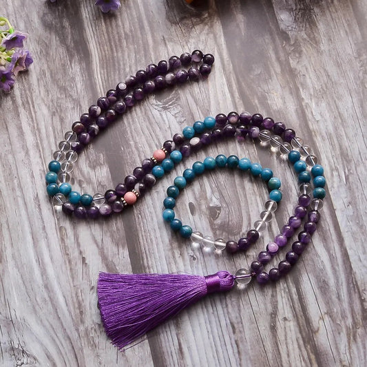 Natural Amethyst, Apatite & Quartz 108 Beads Mala Necklace Bracelet