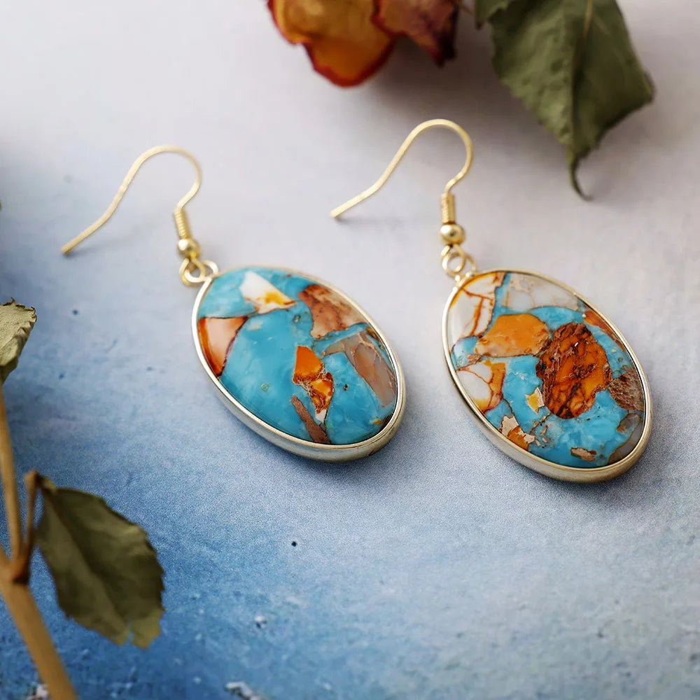 Natural Ocean Jasper Gold Plated Oval Earrings