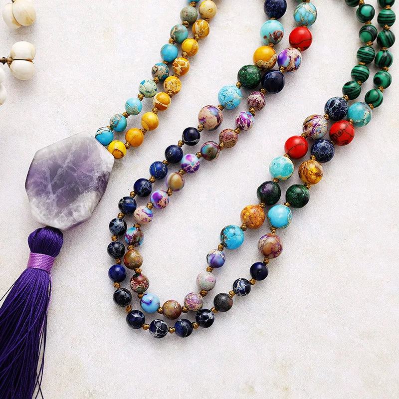 Natural Mixed Jasper Malachite & Amethyst 108 Beads Mala Necklace