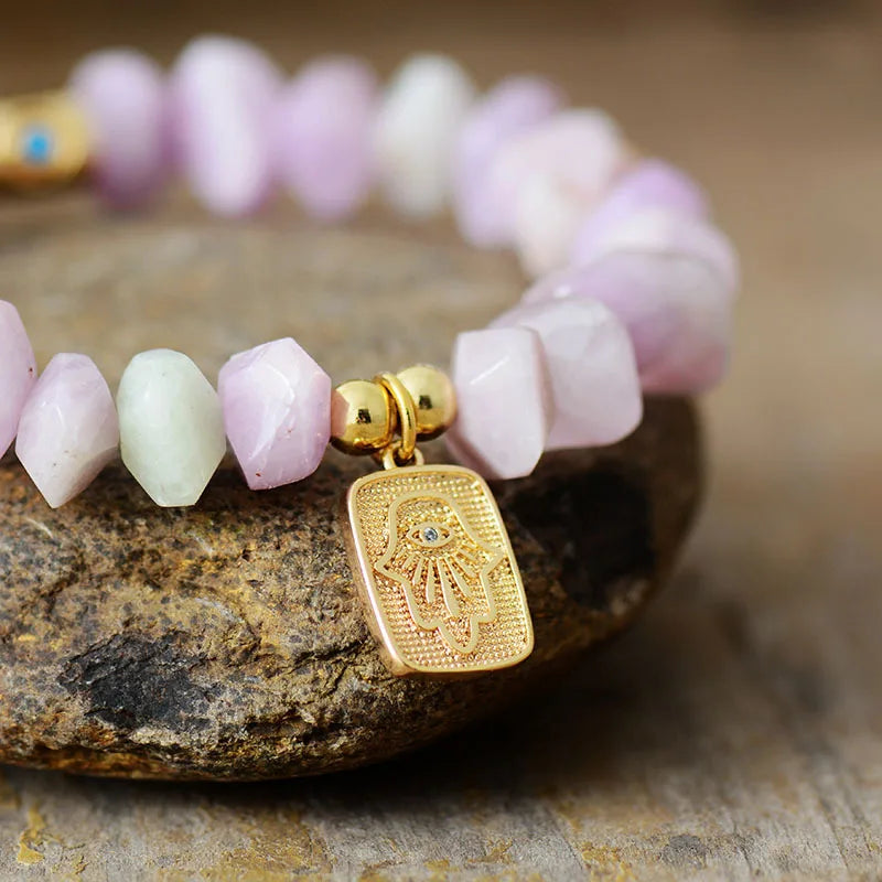 Natural Kunzite Hamsa Charm Bracelet
