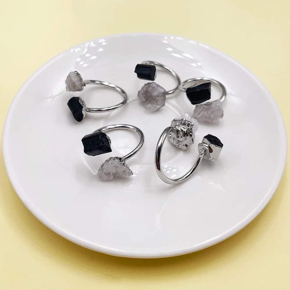 Natural Black Tourmaline & Clear Quartz Open Adjustable Ring