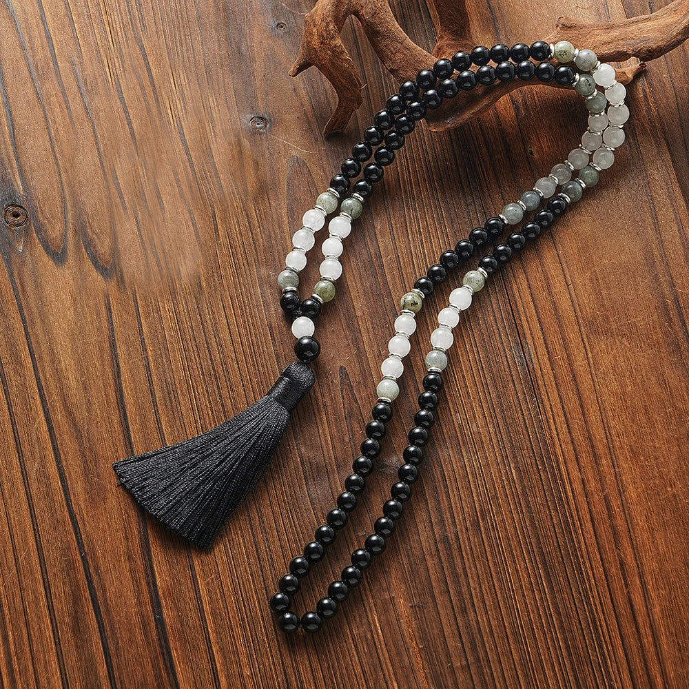 Natural Black Onyx, Labradorite & White Quartz 108 Beads Mala Set