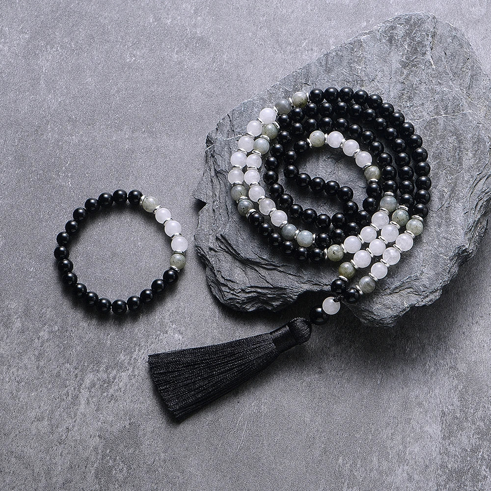 Natural Black Onyx, Labradorite & White Quartz 108 Beads Mala Set