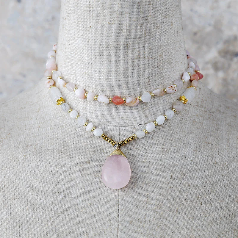 Natural Strawberry Quartz, Agate & Rose Quartz Necklace