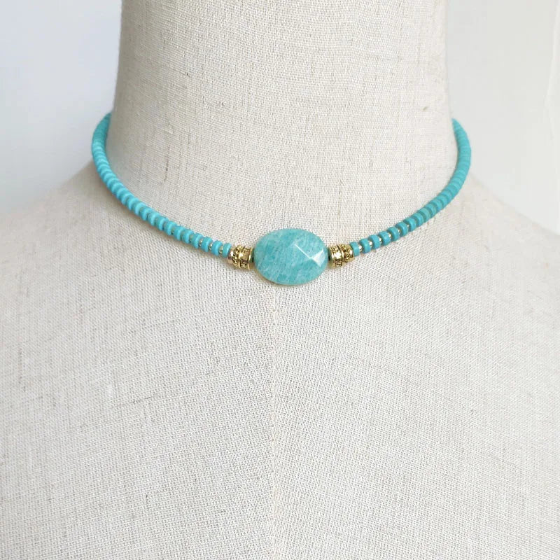 Natural Turquoise & Amazonite Boho Choker Necklace