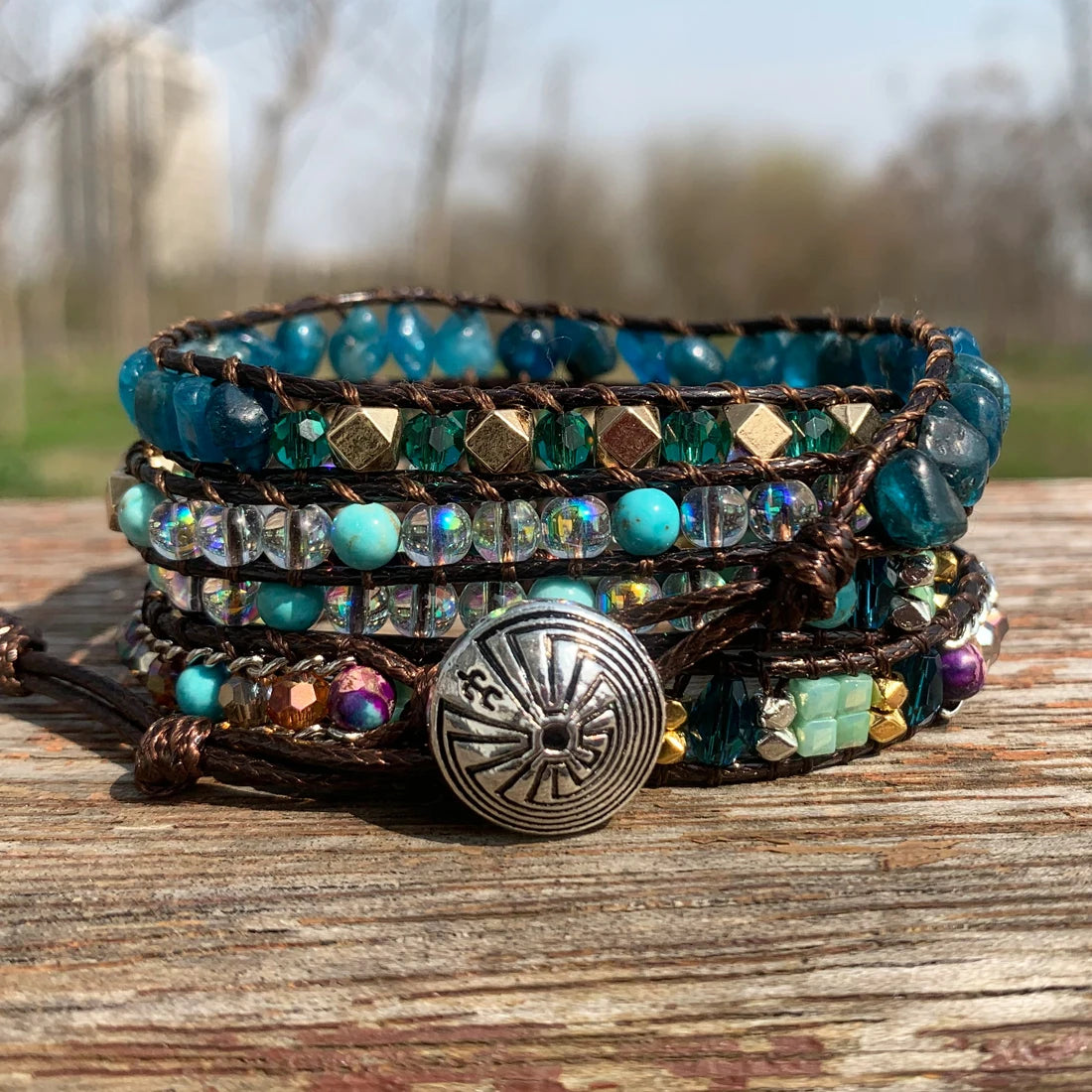 Natural Apatite & Mixed Jasper Hexagonal Charm Vegan Wrap Bracelet