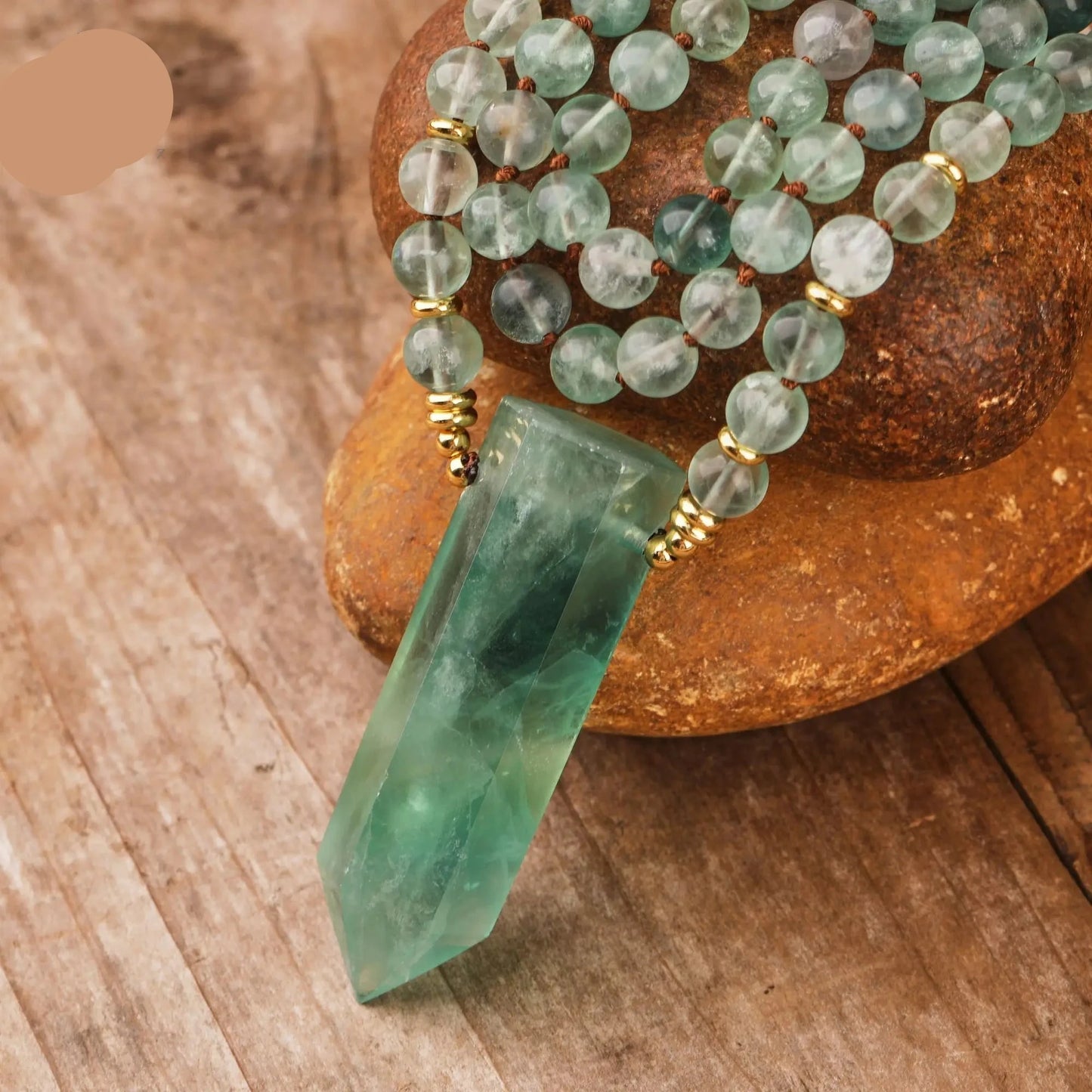 Natural Green Fluorite 108 Beads Point Pendant Mala