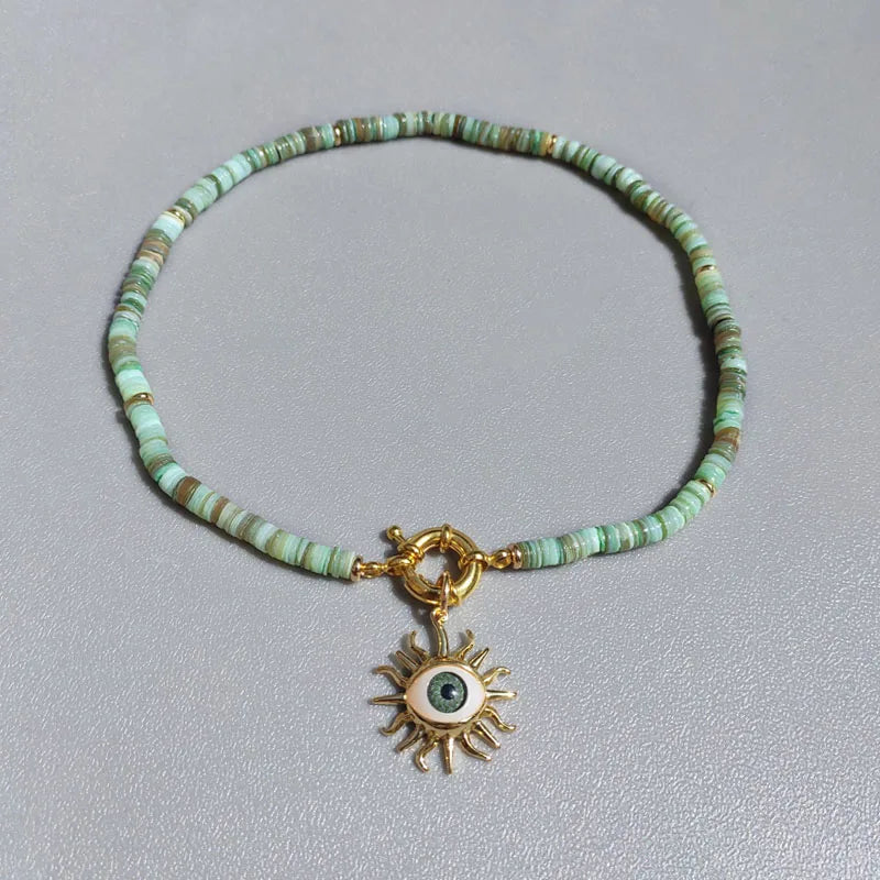 Natural Jade, Amazonite & Shell Evil Eye Gold Plated Lariat Necklace
