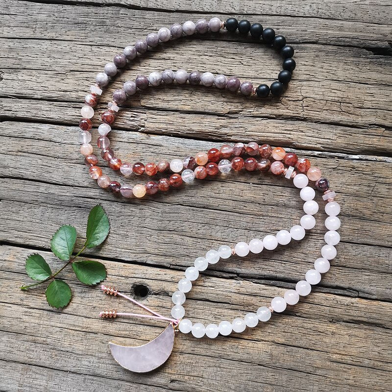 Natural Fire Quartz, Onyx, Jasper, White & Rose Quartz 108 Beads Mala Necklace / Bracelet