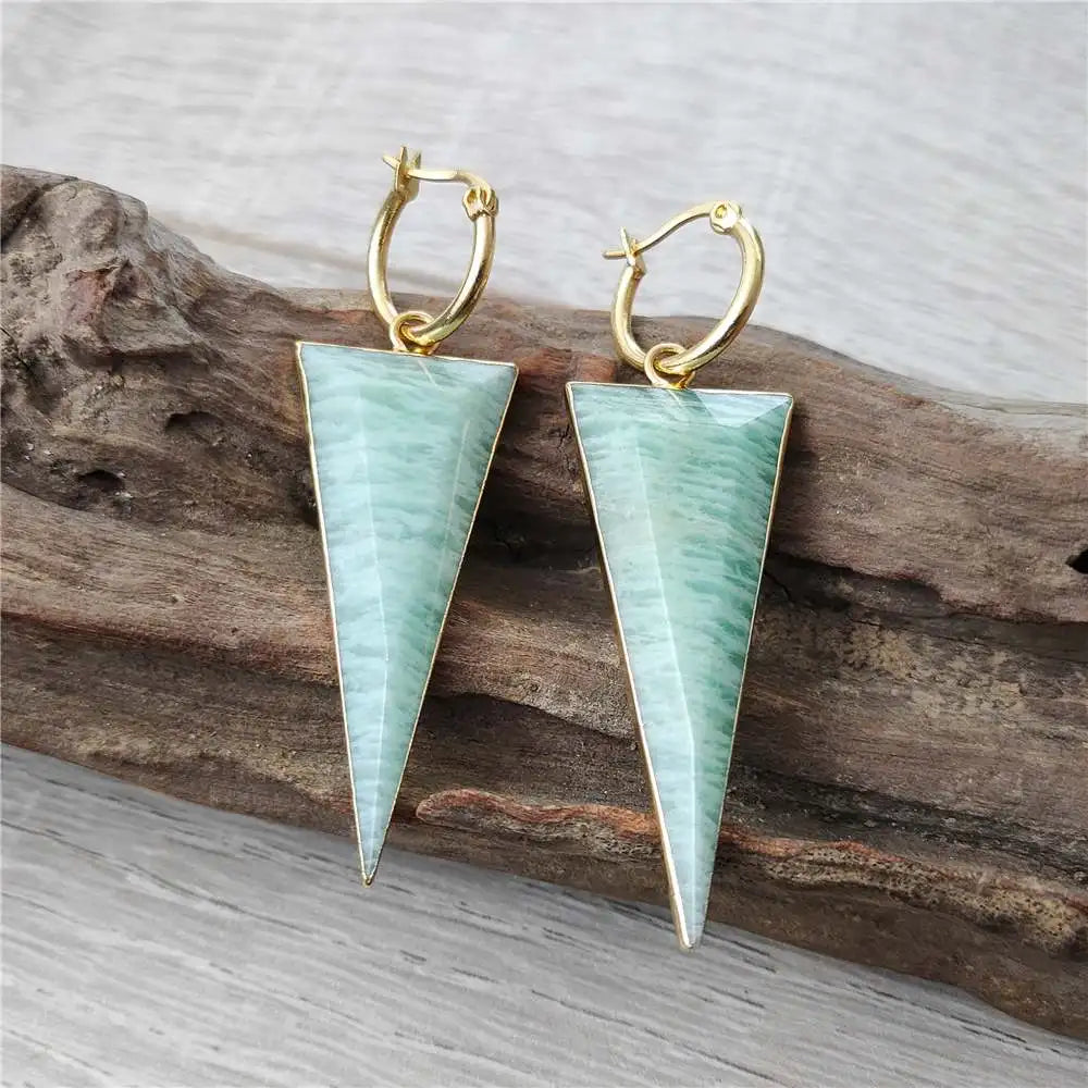 Natural Amazonite Gold Plated Triangular Earrings
