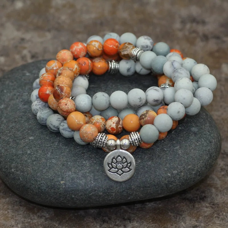 Natural Orange Jasper & Snowflake Obsidian 108 Beads Mala