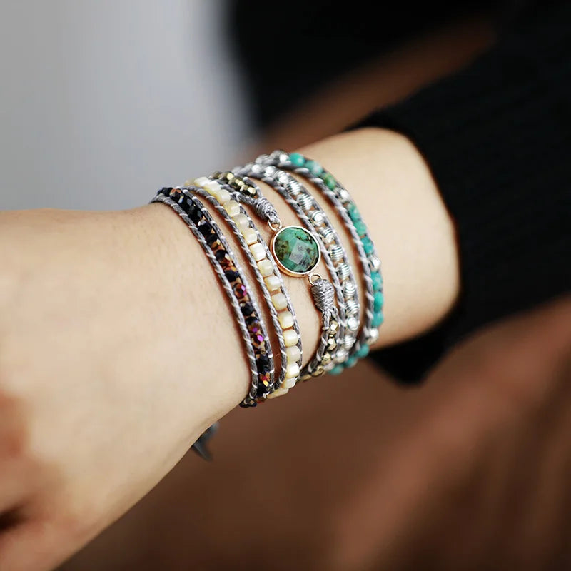 Natural Jade, Shell & African Turquoise Wrap Bracelet