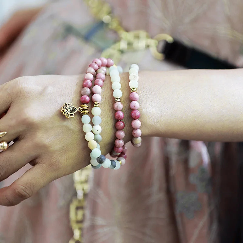 Natural Amazonite & Rhodonite 108 Beads Lotus Mala