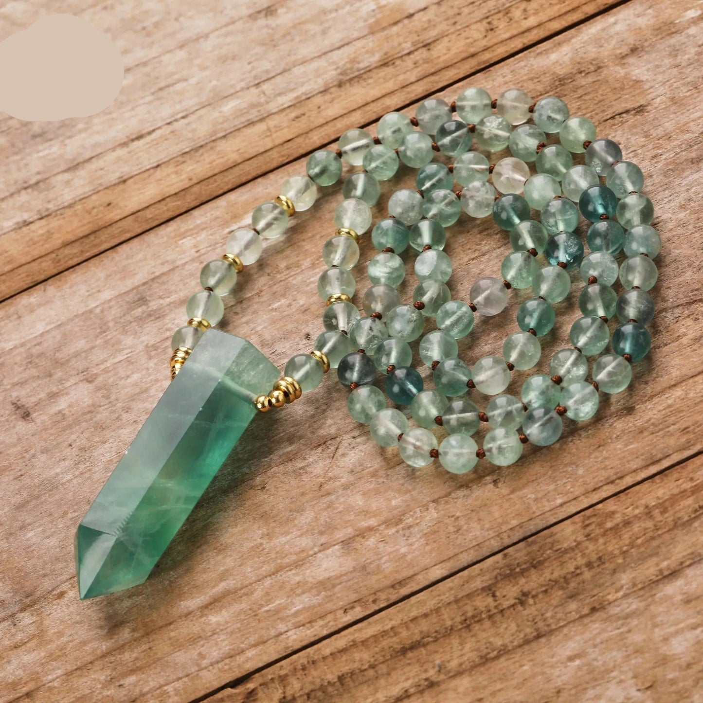 Natural Green Fluorite 108 Beads Point Pendant Mala