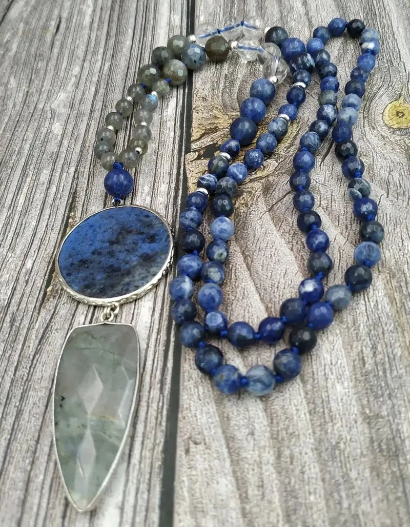 Natural Labradorite, Clear Quartz & Lapis Lazuli Boho Necklace