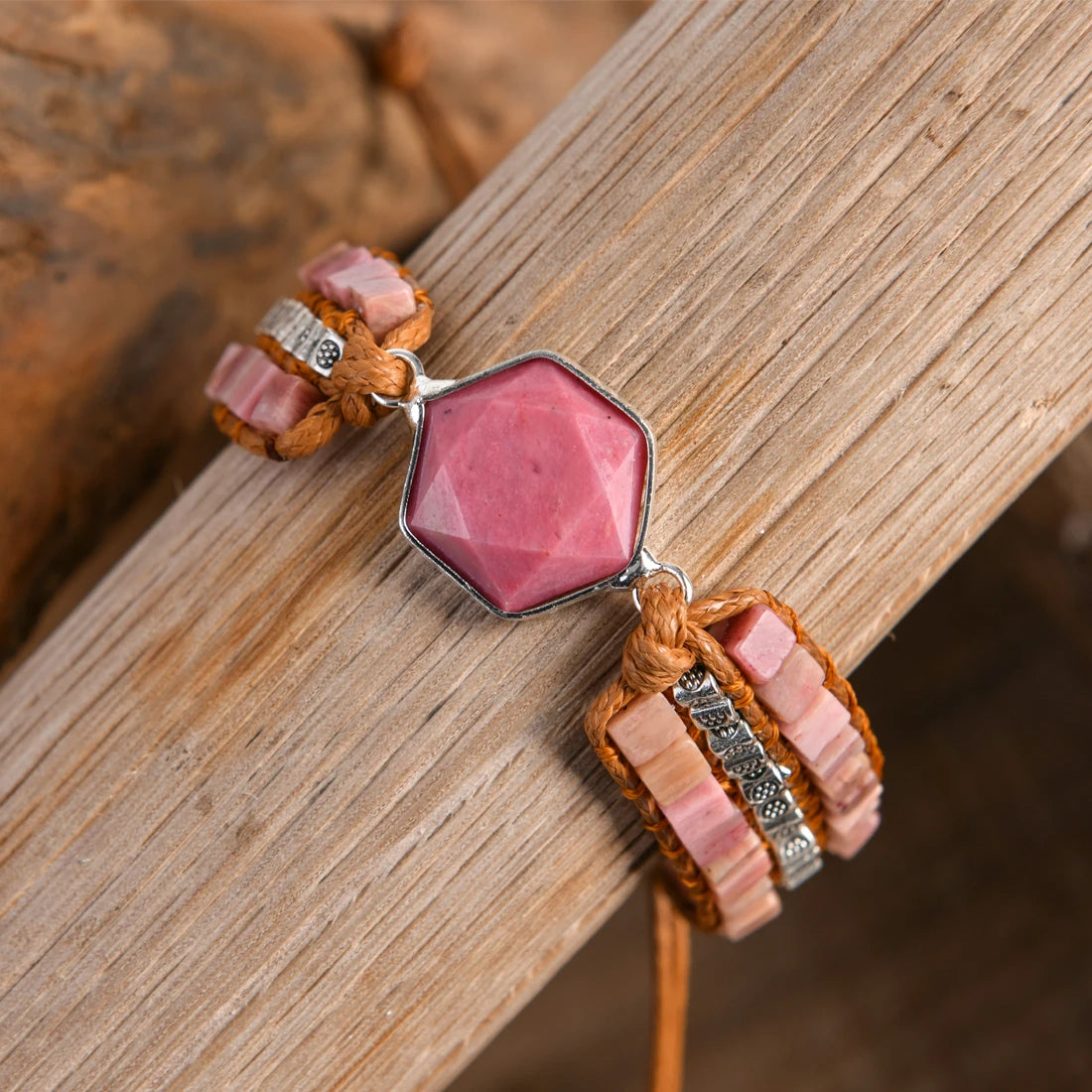 Natural Rhodonite Hexagonal Charm Wrap Bracelet