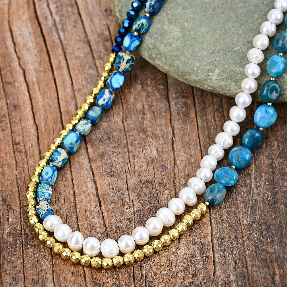 Natural Apatite, Hematite & Freshwater Pearls Double Layered Necklace Wrap Bracelet