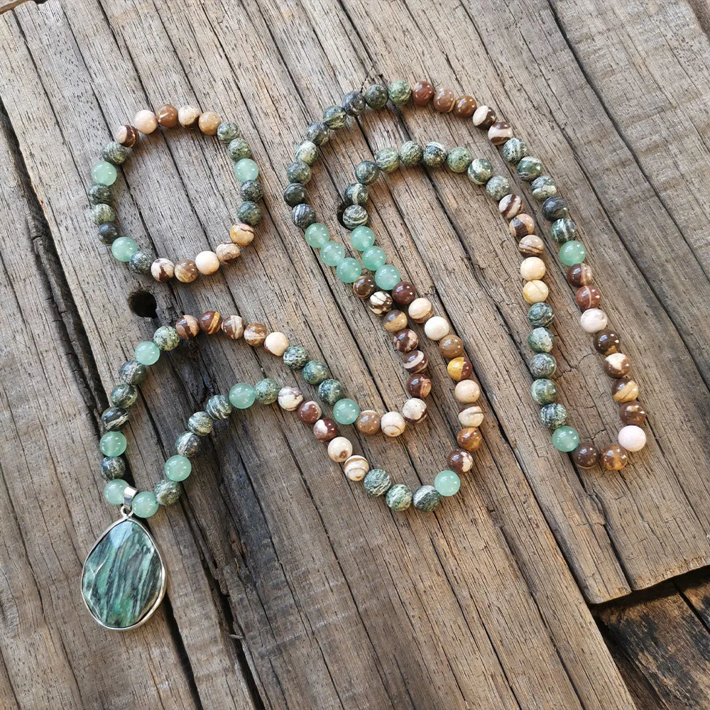 Natural Green Red Zebra Jasper & Aventurine Necklace Bracelet Set