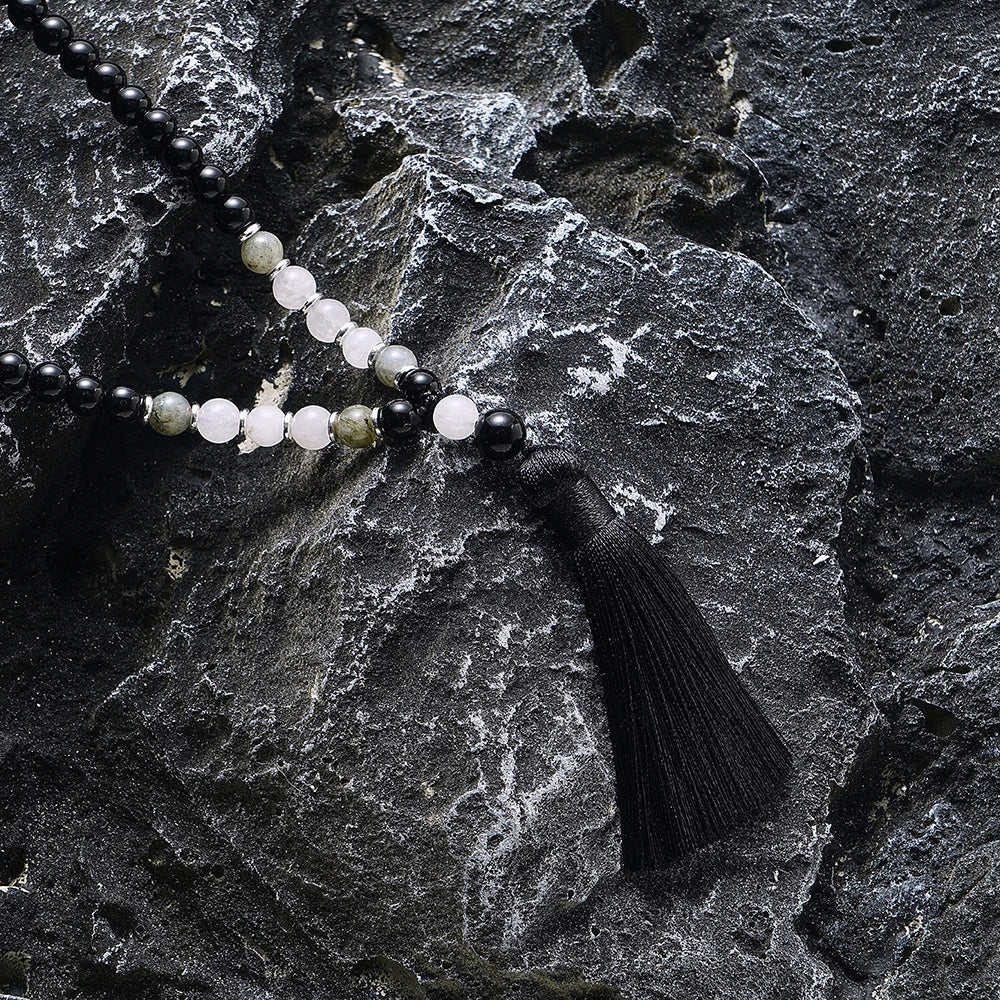 Natural Black Onyx, Labradorite & White Quartz 108 Beads Mala Set