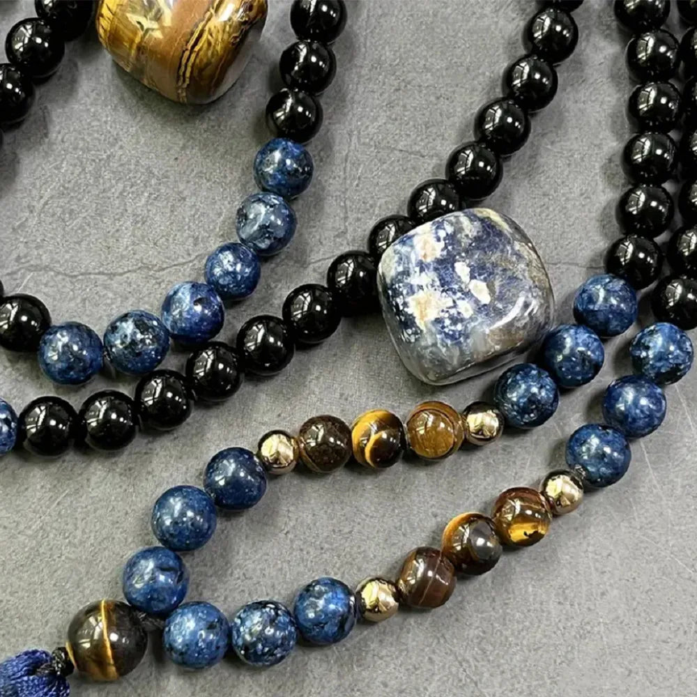 Natural Obsidian, Ocean Jasper and Tiger's Eye 108 Beads Mala Necklace