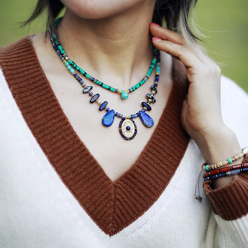 Natural Lapis Lazuli, Jasper & Turquoise Ethnic Choker Necklace
